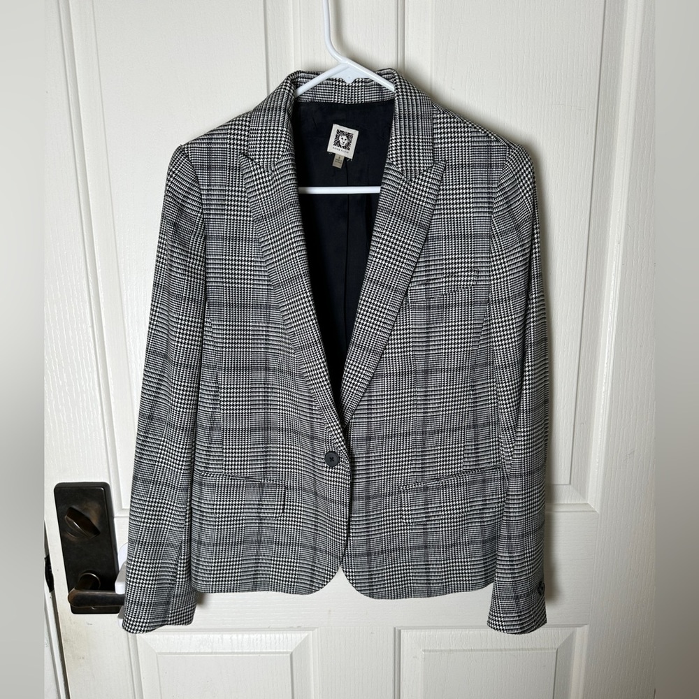 Anne Klein Plaid Black White Checkered Blazer Size 8 Work Jacket